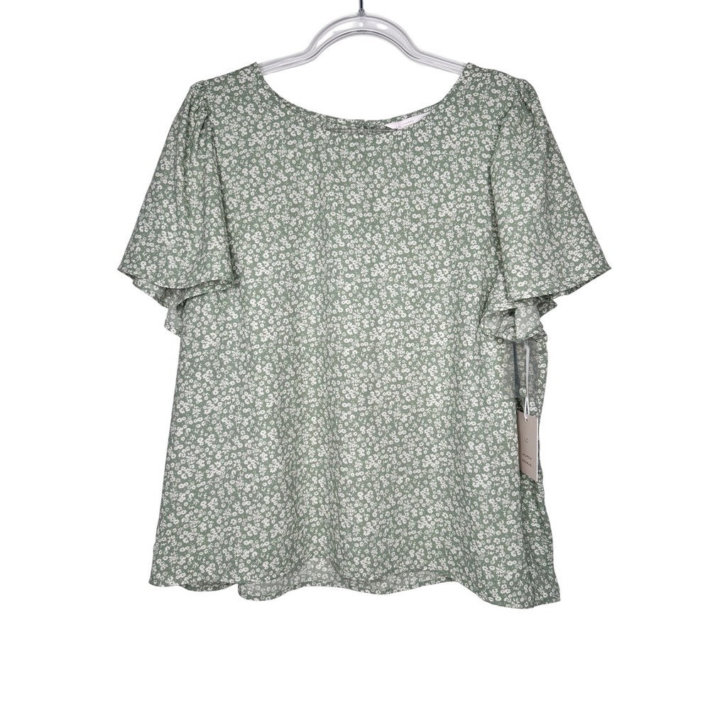 LC Lauren Conrad Blouse Size XXL Green Floral Flutter Sleeve Ditsy Print Top New